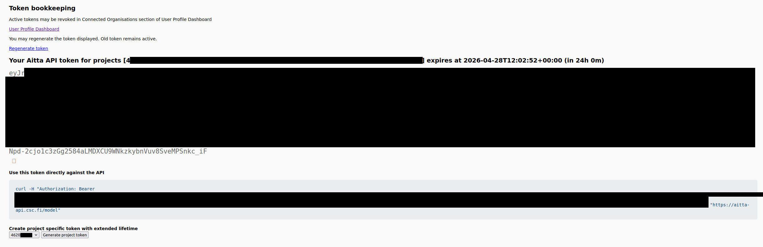 The Aitta token website displays the access token