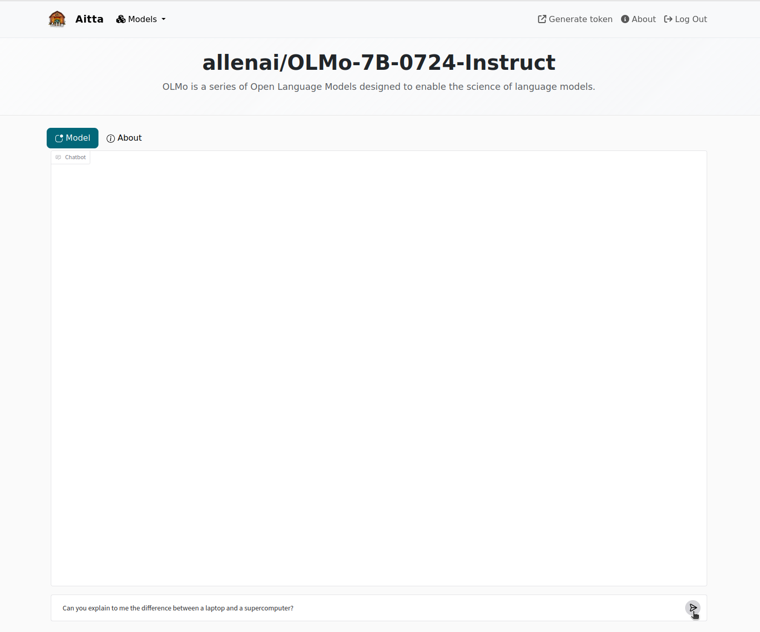 When the model is ready the website displays an empty chat window. The user has typed "Can you explain to me the difference between a laptop and a supercomputer?" in the message input field at the buttom of the page.