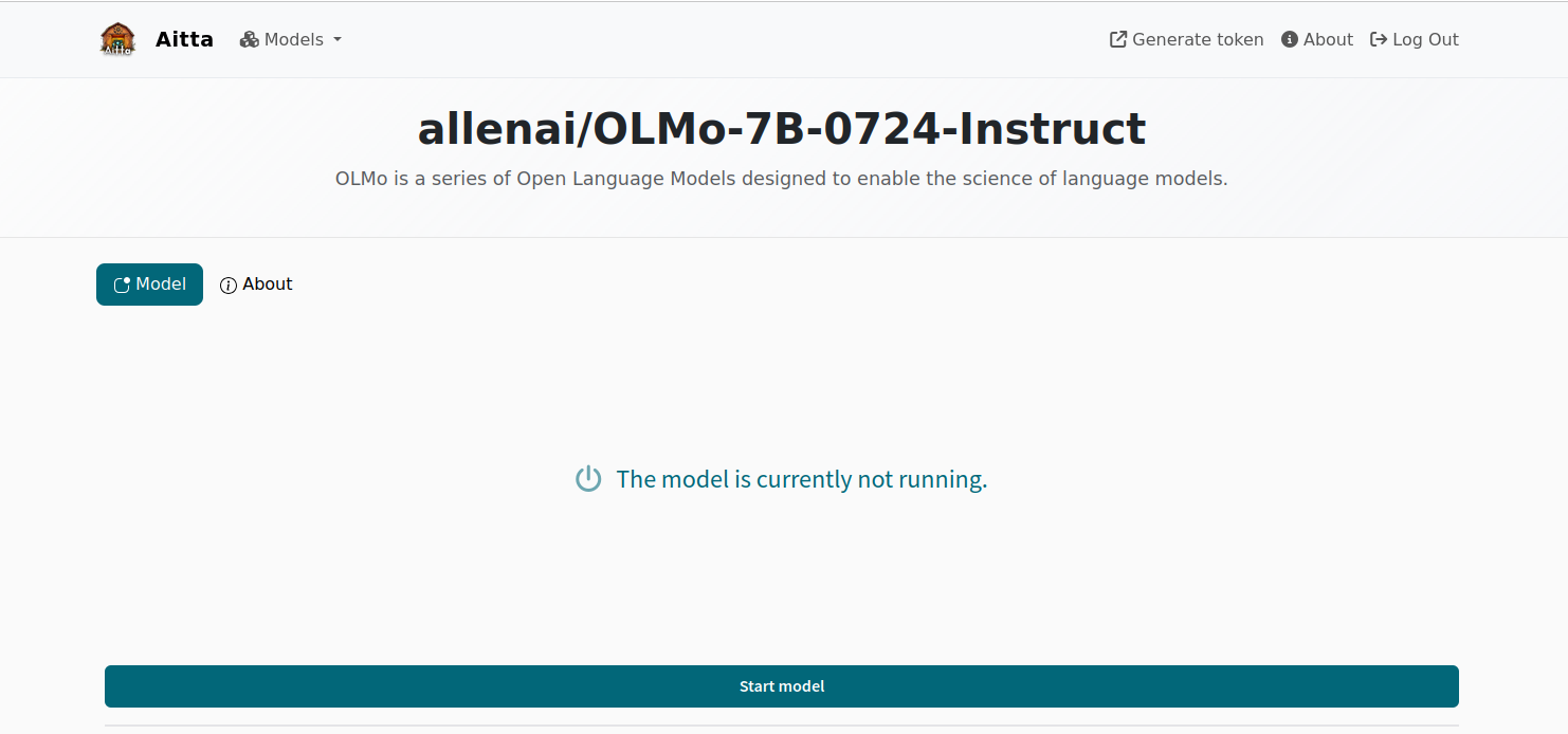 For a model that is offline, the web frontend displays the notice "The model is not currently running" as well as a "Start model" button.
